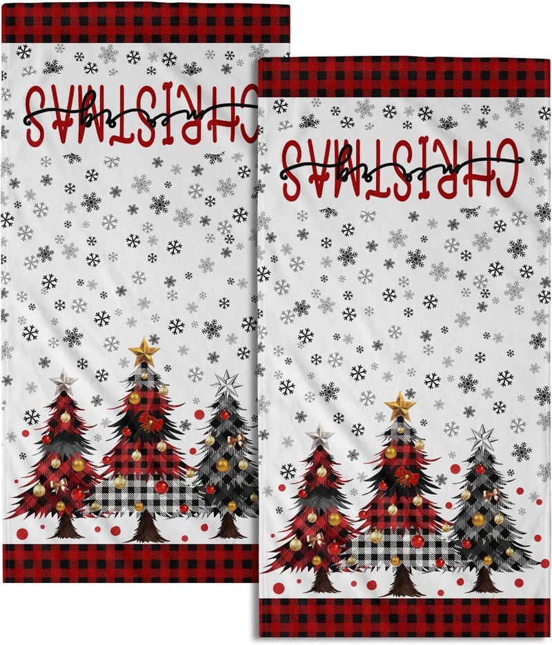 Granbey Merry Christma Hand Towels Set of 2 Xmas Trees Snowflake Decorative Towel Winter Red Buffalo Plaid Thin Bath Kitchen Tea Dish Holiday Washcloths for Bathroom Spa Gym - Image 1